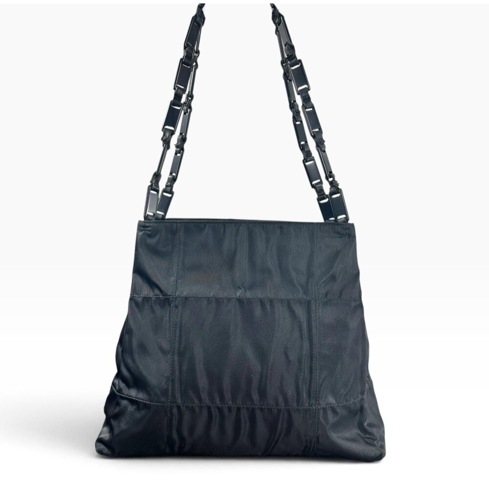 Prada Tessuto Nylon Shoulder Bag Medium Black Leather Strap Italy Logo Hardware
